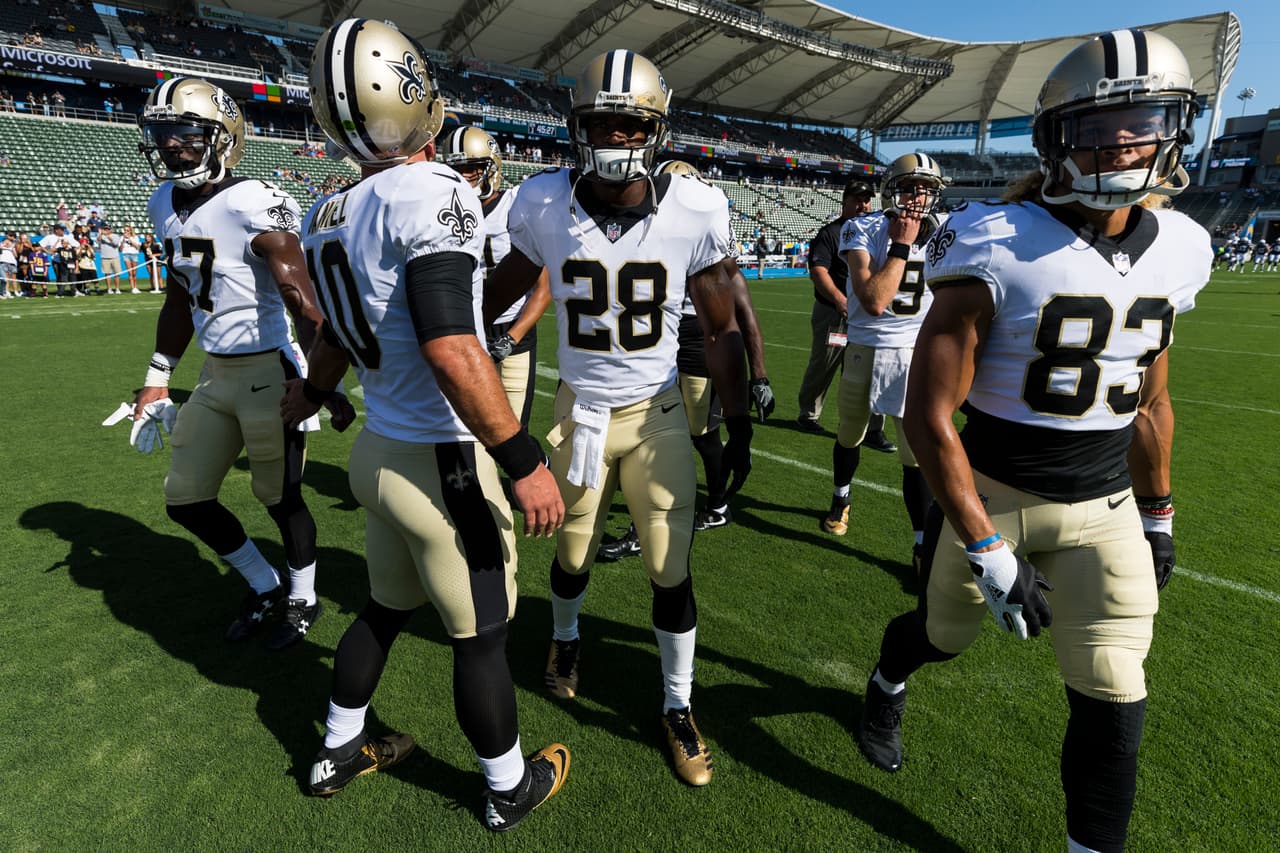 New Orleans Saints running back Adrian Peterson (28) during an NFL preseason football game against the Los Angeles Chargers on Sunday, Aug. 20, 2017 in Carson, Calif. (Ric Tapia via AP)