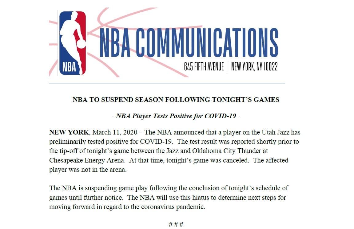 La NBA emitió un comunicado en el que informa que luego de los partidos del miércoles suspenderá sus actividades hasta nuevo aviso.