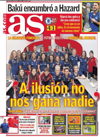 Otro periódico especializado en información deportiva, 
<i><b>AS</b></i>, también destaca en el cintillo superior el éxito individual de Hazard con el Chelsea en la Final.