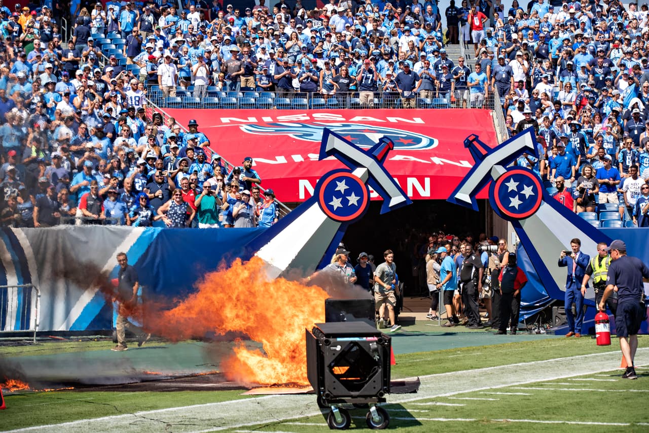 NASHVILLE, TN - SEPTEMBER 15: A failed pyrotechnic device bursts into flames before the game between the Tennessee Titans and Indianapolis Colts at Nissan Stadium on September 15, 2019 in Nashville,Tennessee. (Photo by Wesley Hitt/Getty Images)