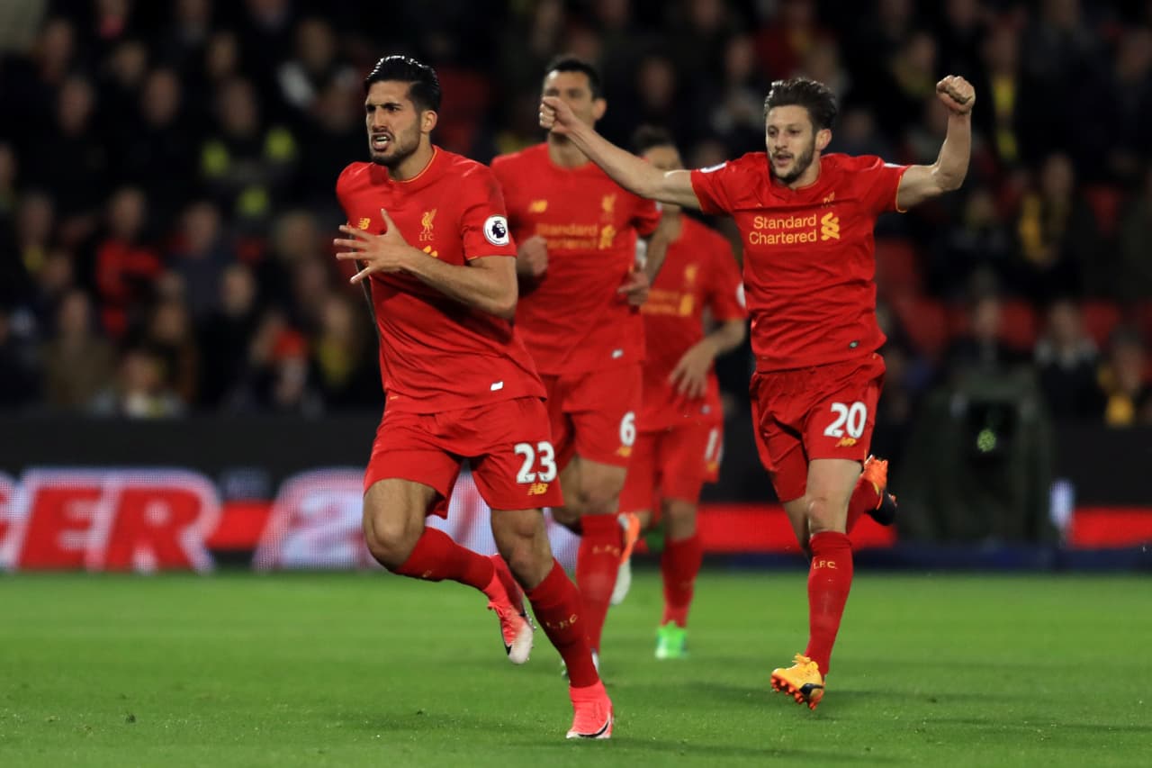 WATFORD, ENGLAND - MAY 01: Emre Can of Liverpool celebrates after scoring the opening goal during the Premier League match between Watford and Liverpool at Vicarage Road on May 1, 2017 in Watford, England. (Photo by Richard Heathcote/Getty Images)