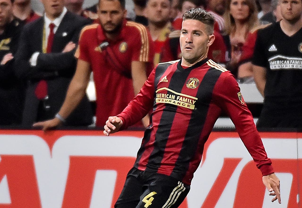 May 20, 2018; Atlanta, GA, USA; Atlanta United defender Greg Garza (4) during the second half against the New York Red Bulls at Mercedes-Benz Stadium. Mandatory Credit: Jasen Vinlove-USA TODAY Sports