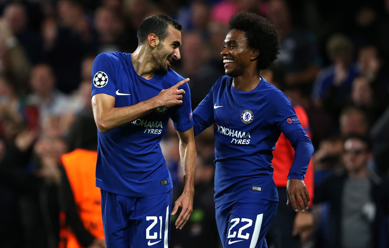 LONDON, ENGLAND - SEPTEMBER 12: Davide Zappacosta of Chelsea celebrates after he scores a goal to make it 2-0 with Willian of Chelsea during the UEFA Champions League group C match between Chelsea FC and Qarabag FK at Stamford Bridge on September 12, 2017 in London, United Kingdom. (Photo by Catherine Ivill - AMA/Getty Images)