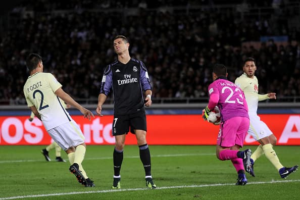 YOKOHAMA, JAPAN - DECEMBER 15: Cristiano Ronaldo of Real Madrid reacts during the FIFA Club World Cup Semi Final match between Club America and Real Madrid at International Stadium Yokohama on December 15, 2016 in Yokohama, Japan. (Photo by Matthew Ashton - AMA/Getty Images)