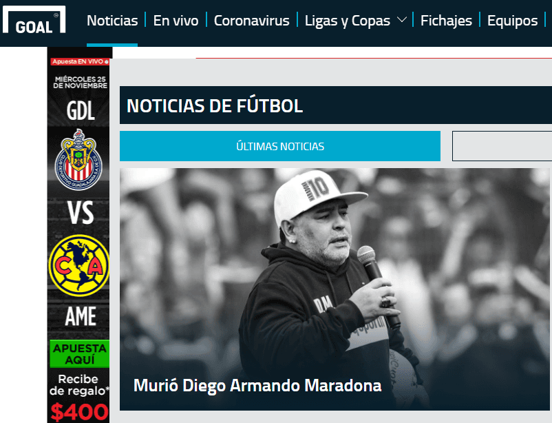 Estos son los encabezados de los medios digitales más importantes que despiden a Diego Armando Maradona.