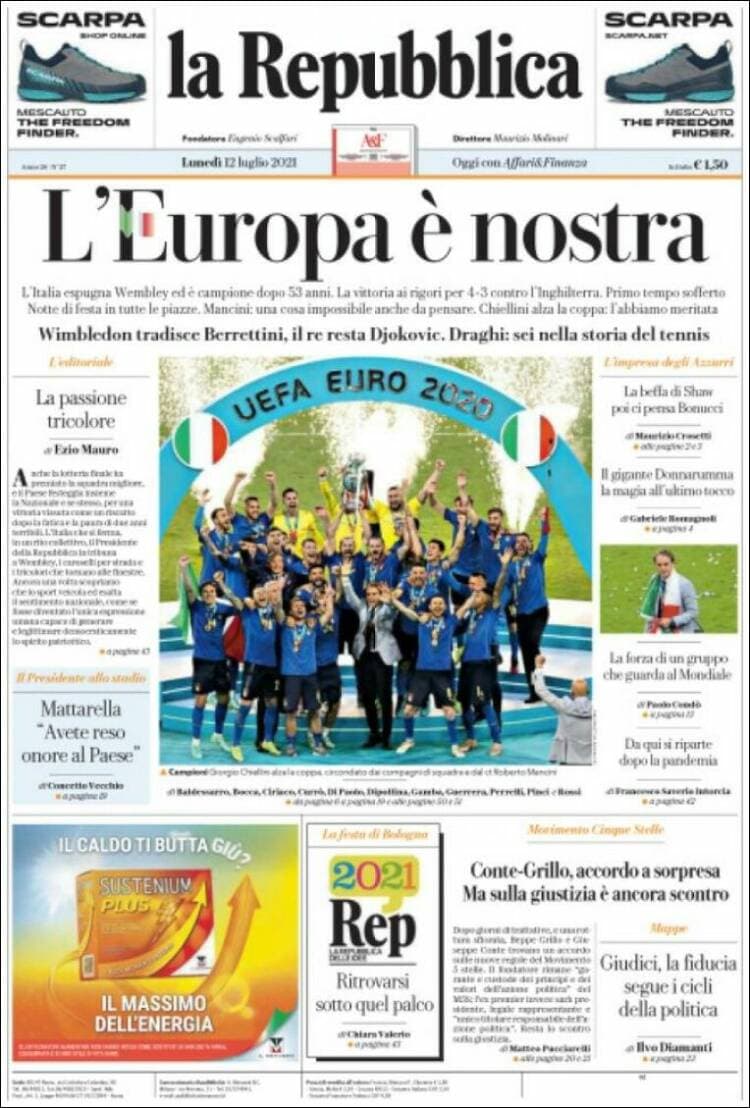 La prensa italiana celebra el campeonato en todos sus ejemplares, dedicándoles la portada a la 'Scuadra Azzurra', mientras que la prensa británica muestra, en la mayoría de sus periódicos muestra al entrenador Gareth Southgate abrazando a Bukayo Saka tras fallar el último penal que le dio la victoria a Italia.