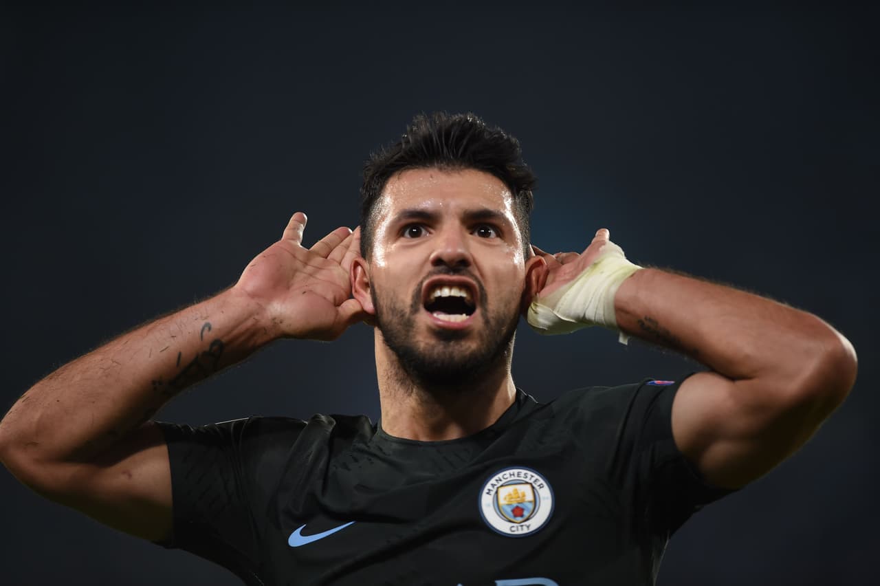 Manchester City's Argentinian striker Sergio Aguero celebrates after scoring during the UEFA Champions League football match Napoli vs Manchester City on November 1, 2017 at the San Paolo stadium in Naples. Manchester City won 2-4. Sergio Aguero broke the Manchester City goal-scoring record on Wednesday when he took his career total to 178 during the Champions League clash at Napoli. / AFP PHOTO / Filippo MONTEFORTE (Photo credit should read FILIPPO MONTEFORTE/AFP/Getty Images)