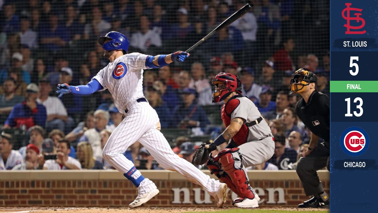 Kris Bryant #17 of the Chicago Cubs hits a grand slam during the eighth inning of a game against the St. Louis Cardinals at Wrigley Field on May 05, 2019 in Chicago, Illinois.