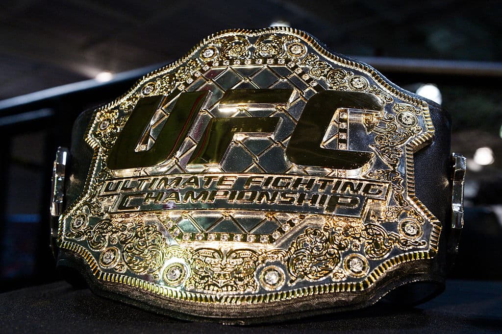 TORRENCE, CA - FEBRUARY 24: UFC championship belt is on display during a news conference between UFC featherweight champion Conor McGregor and lightweight contender Nate Diaz at UFC Gym February 24, 2016, in Torrance, California. (Photo by Kevork Djansezian/Getty Images)