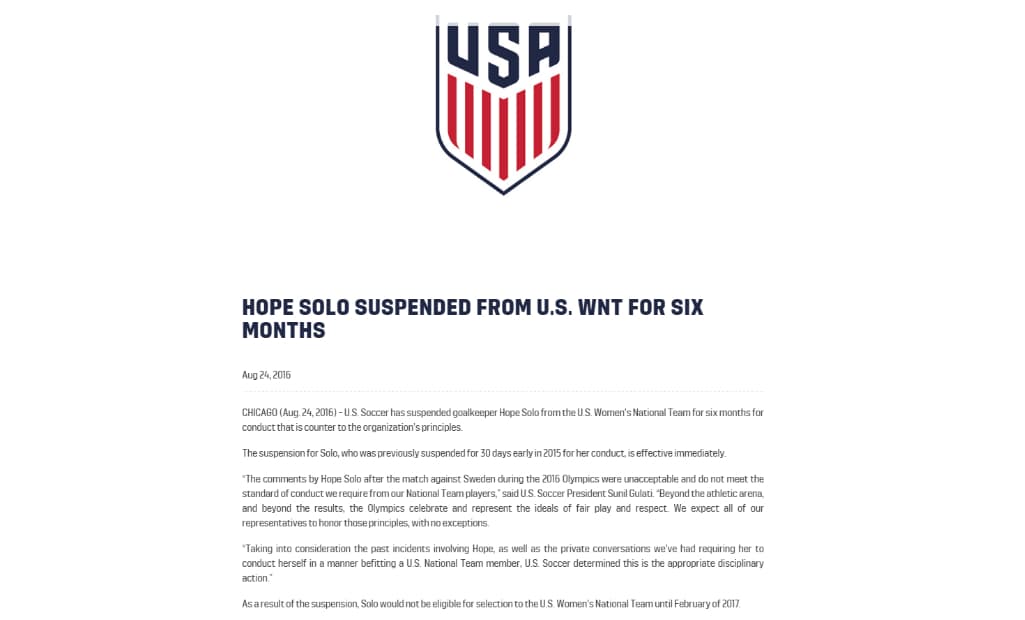 Comunicado sobre la sanción a Hope Solo