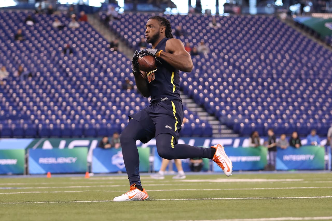 Clemson wide receiver Mike Williams runs a drill during the 2017 NFL Scouting Combine at Lucas Oil Stadium on Saturday, March 4, 2017 in Indianapolis. (Ben Liebenberg via AP)