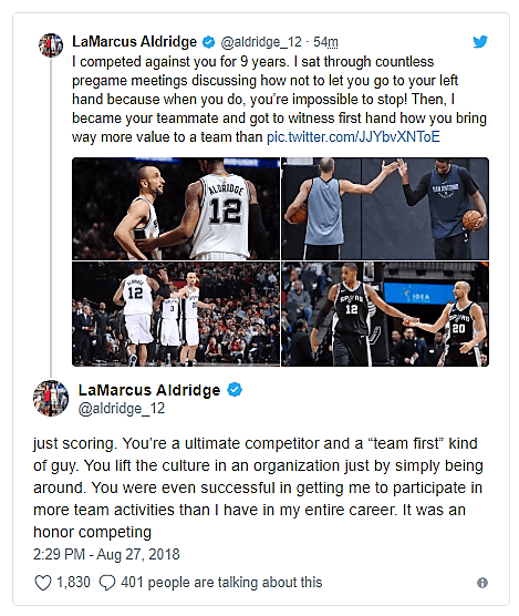 En el segundo tuit elogia su capacidad competitiva y su mentalidad de pensar primero en el equipo. "Levantaste la cultura del equipo simplemente con tu presencia".