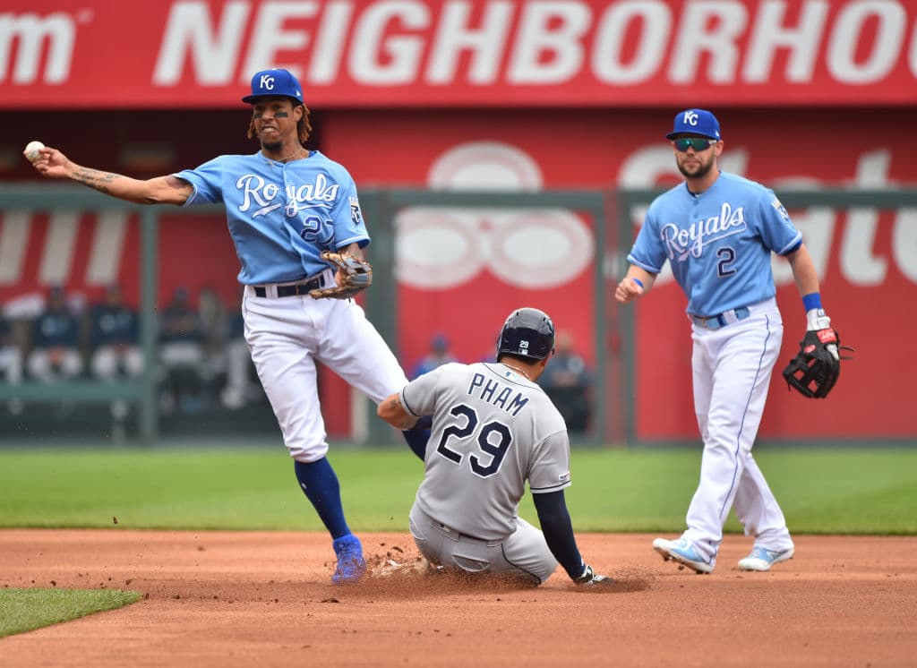 KANSAS CITY, MISSOURI - MAY 02: Shortstop Adalberto Mondesi #27 of the Kansas City Royals throws to first past Tommy Pham #29 of the Tampa Bay Rays to complete a double play in the first inning at Kauffman Stadium on May 02, 2019 in Kansas City, Missouri. (Photo by Ed Zurga/Getty Images)