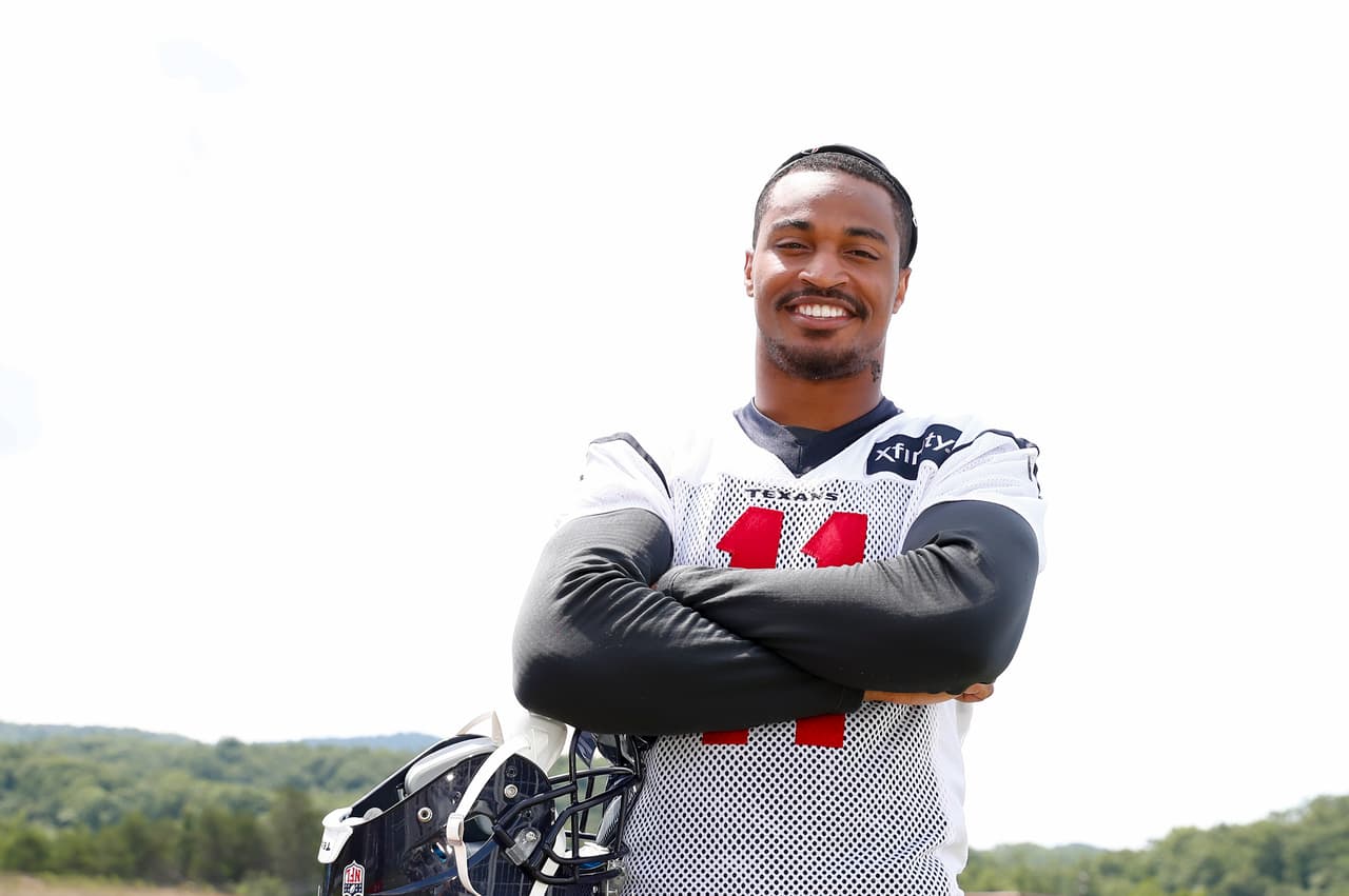 Houston Texans wide receiver Jaelen Strong (11) after practice at the Houston Texans training camp at the Greenbrier in White Sulphur Springs, West Virginia on August 3, 2017. (Matt Patterson via AP)