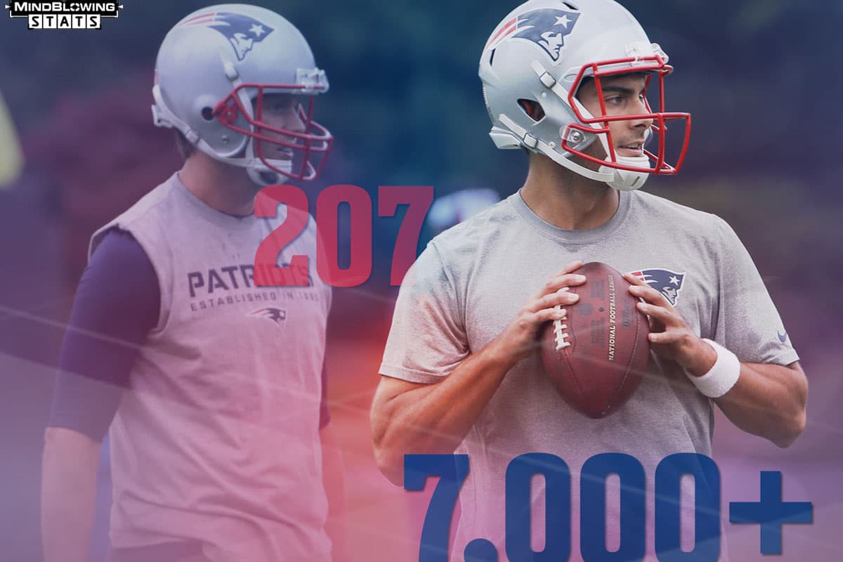 Quarterbacks de los Patriots... Desde el 2001, los Patriots estuvieron 10-5 sin Tom Brady iniciando. ¿Cómo le irá a Jimmy Garoppolo en el puesto de titular? A Brady y Garoppolo los separa más de 14 años de edad, 207 partidos como titular, y más de 7,000 intentos de pase en la NFL.