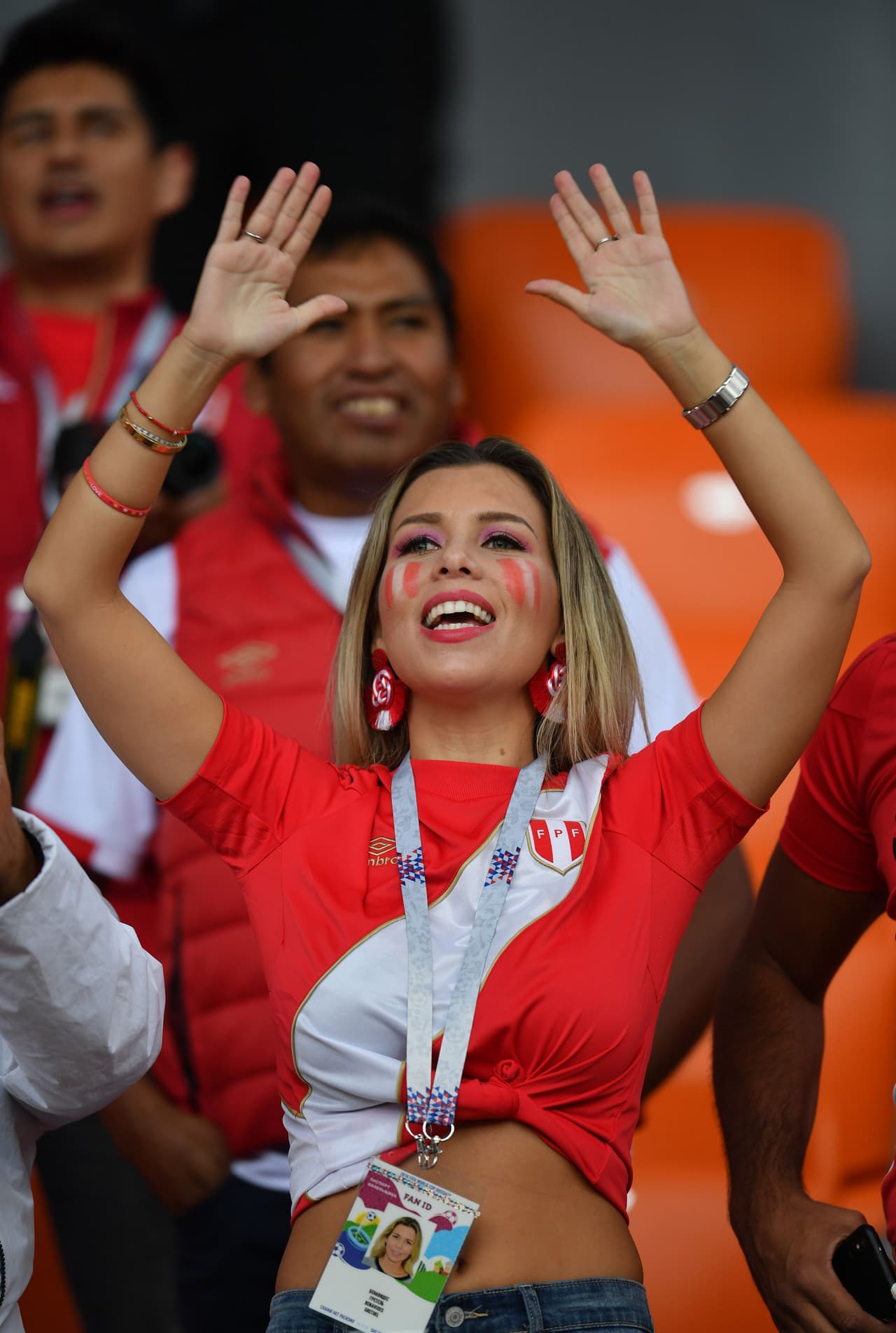 A Peruvian fan cheers ahead of the Russia 2018 World Cup Group C football match between France and Peru at the Ekaterinburg Arena in Ekaterinburg on June 21, 2018. (Photo by HECTOR RETAMAL / AFP) / RESTRICTED TO EDITORIAL USE - NO MOBILE PUSH ALERTS/DOWNLOADS (Photo credit should read HECTOR RETAMAL/AFP/Getty Images)