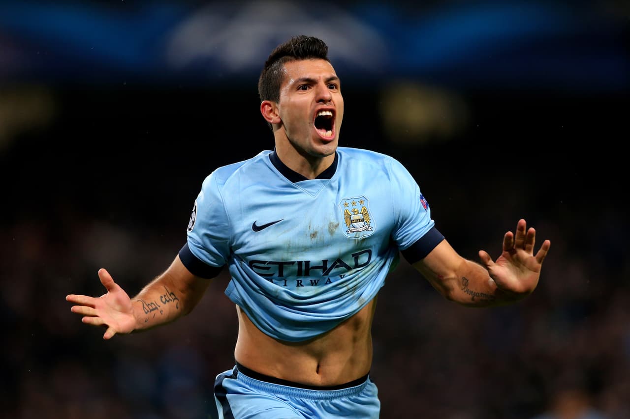 MANCHESTER, ENGLAND - NOVEMBER 25: Sergio Aguero of Manchester City celebrates after scoring his team's third and matchwinning goal during the UEFA Champions League Group E match between Manchester City and FC Bayern Muenchen at the Etihad Stadium on November 25, 2014 in Manchester, United Kingdom. (Photo by Alex Livesey/Getty Images)