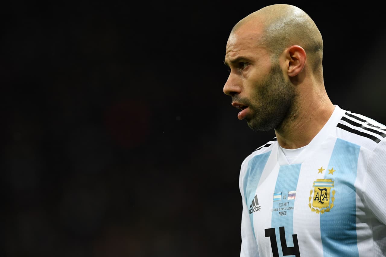 Argentina's Javier Mascherano looks on during an international friendly football match between Russia and Argentina at the Luzhniki stadium in Moscow on November 11, 2017. / AFP PHOTO / Kirill KUDRYAVTSEV (Photo credit should read KIRILL KUDRYAVTSEV/AFP/Getty Images)