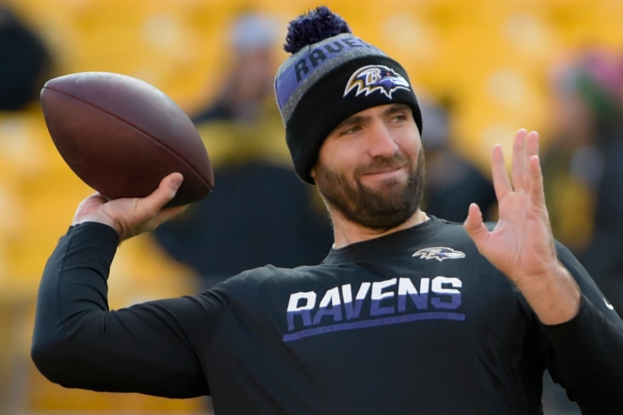 Baltimore Ravens quarterback Joe Flacco (5) warm ups before an NFL football game against the Pittsburgh Steelers in Pittsburgh, Sunday, Dec. 25, 2016. (AP Photo/Fred Vuich)
