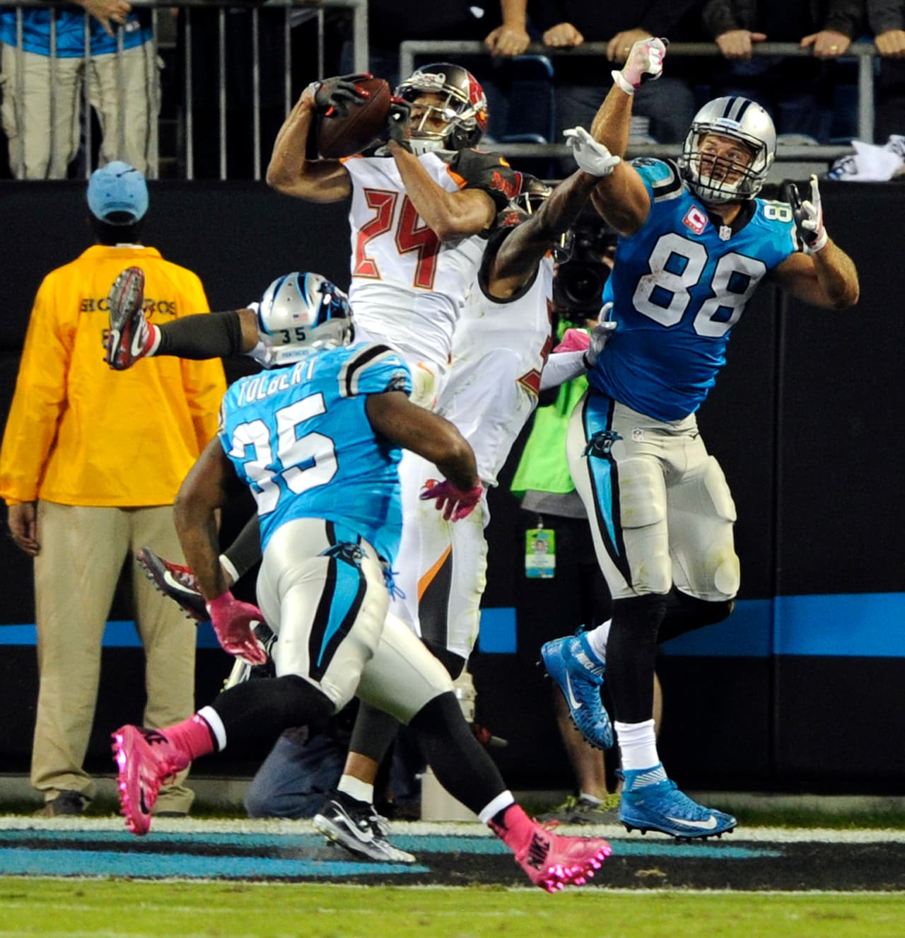 Tampa Bay Buccaneers' Brent Grimes (24) intercepts a pass intended for Carolina Panthers' Greg Olsen (88) in the second half of an NFL football game in Charlotte, N.C., Monday, Oct. 10, 2016. (AP Photo/Mike McCarn)