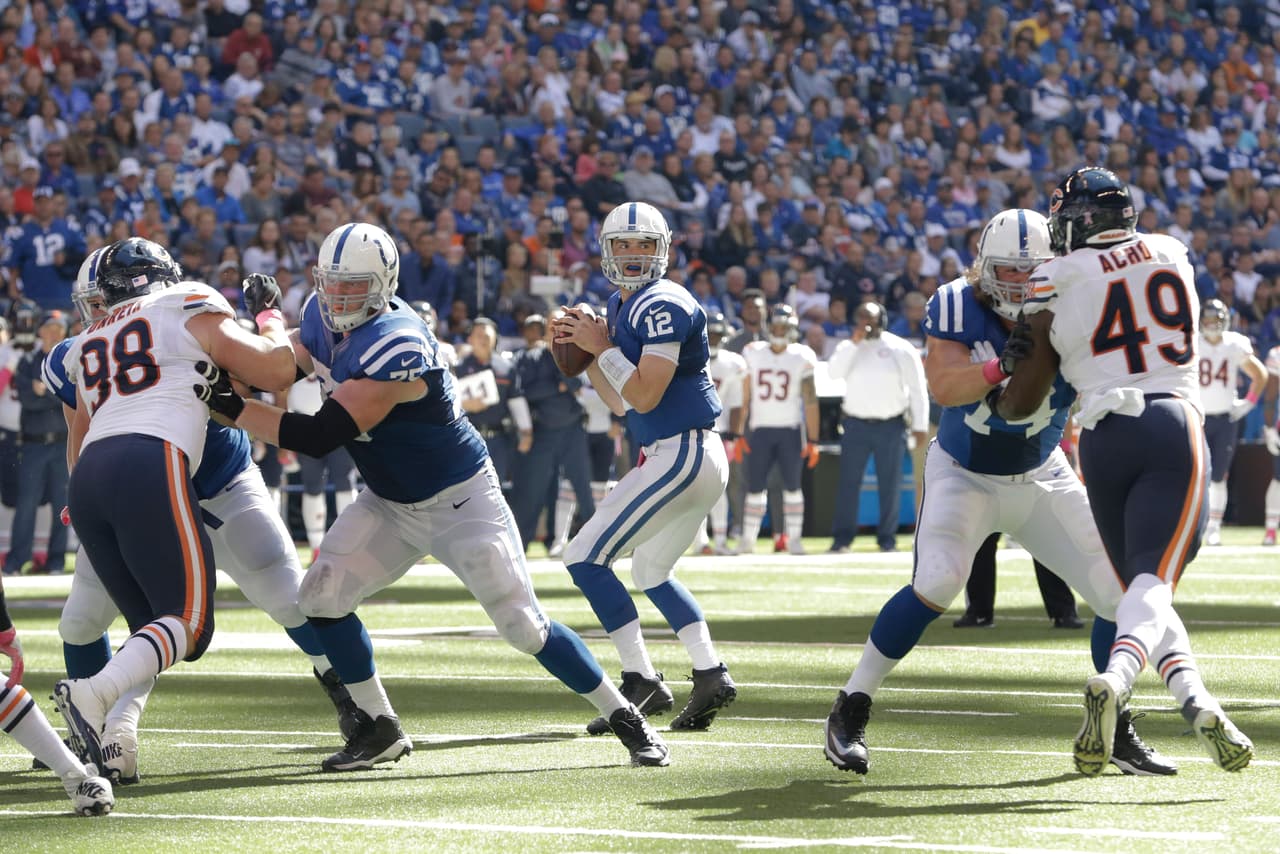 Indianapolis Colts quarterback Andrew Luck (12) throws against the Chicago Bears during the first half of an NFL football game in Indianapolis, Sunday, Oct. 9, 2016. (AP Photo/AJ Mast)