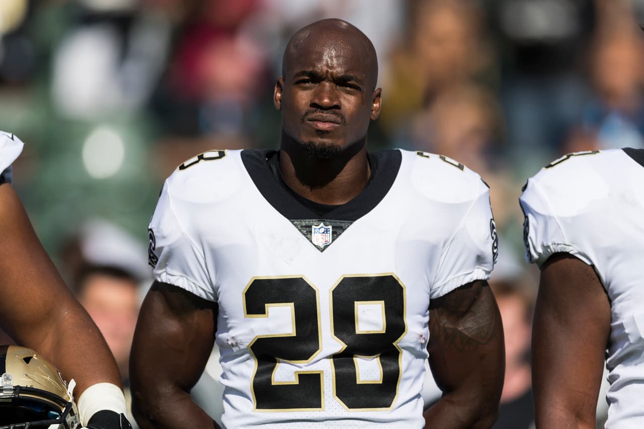 New Orleans Saints running back Adrian Peterson (28) during an NFL preseason football game against the Los Angeles Chargers on Sunday, Aug. 20, 2017 in Carson, Calif. (Ric Tapia via AP)