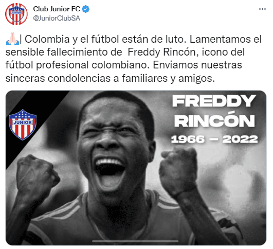 Equipos, futbolistas y exfutbolistas lamentan la muerte del colombiano Freddy Rincón.