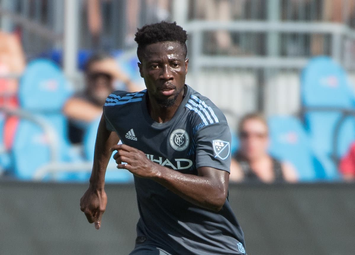 Aug 12, 2018; Toronto, Ontario, CAN; New York City midfielder Ebenezer Ofori (12) runs up field during the first half against Toronto FC at BMO Field. Mandatory Credit: Nick Turchiaro-USA TODAY Sports