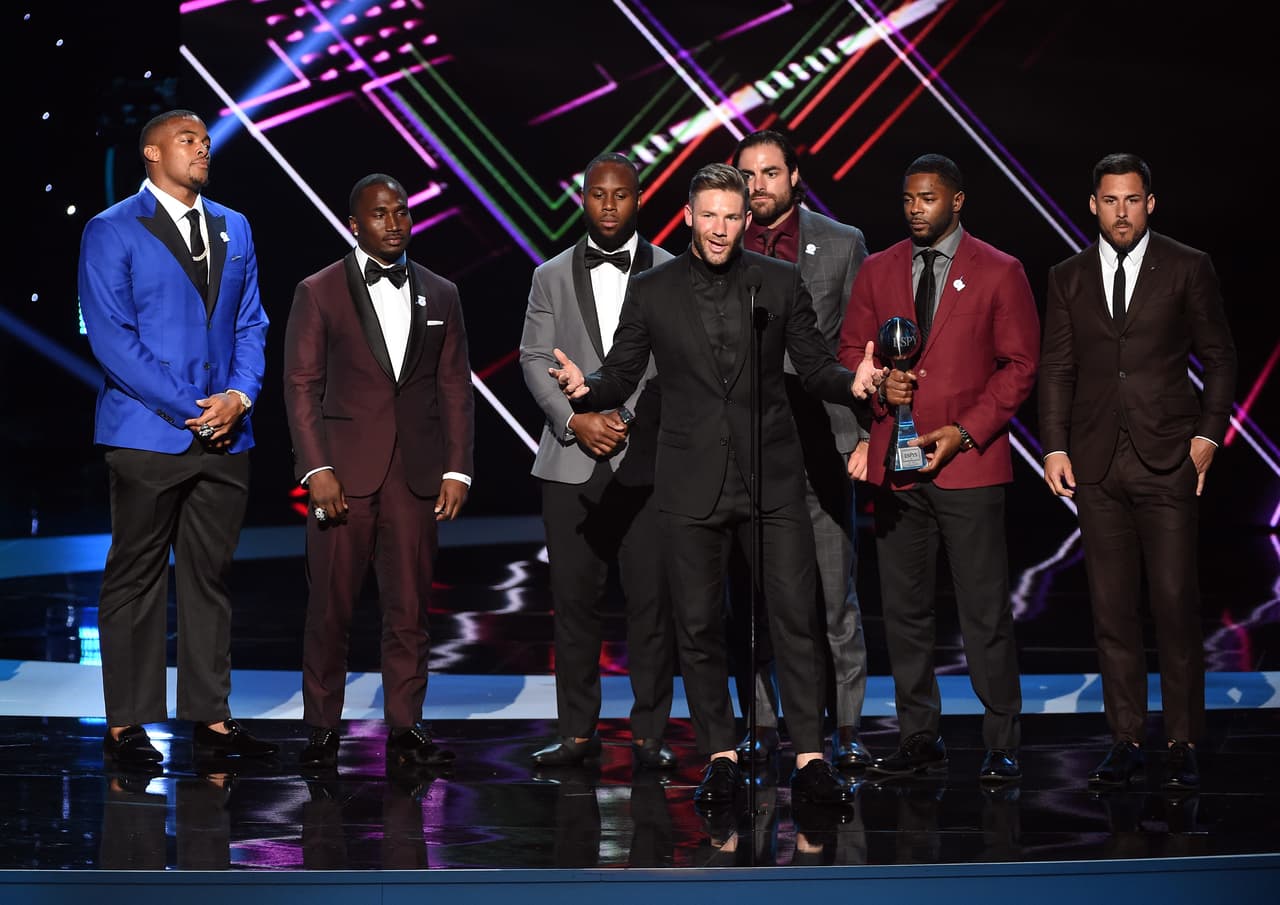 LOS ANGELES, CA - JULY 12: NFL player Julian Edelman (C) and teammates accept the Best Game award for Super Bowl LI (Patriots vs. Falcons) onstage at The 2017 ESPYS at Microsoft Theater on July 12, 2017 in Los Angeles, California. (Photo by Kevin Winter/Getty Images)