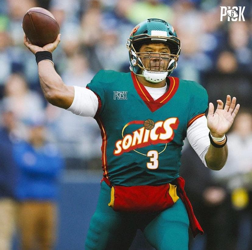 <b>Russel Wilson</b>
<br>El QB de los Seattle Seahawks tendría este uniforme si fuera el diseño de Seattle SuperSonics de la NBAA.