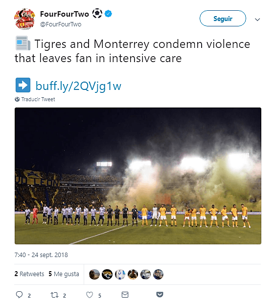 La prestigiada revista británica 
<i>Four Four Two</i> reportó que un aficionado golpeado se quedó en terapia intensiva por la violencia entre hinchas violentos de uno y otro bando.