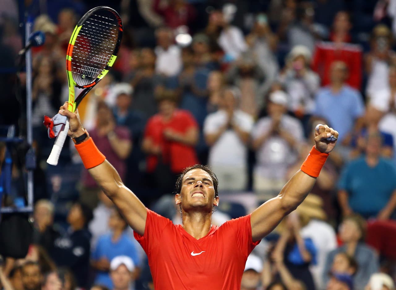 TORONTO, ON - AUGUST 11: Rafael Nadal of Spain celebrates victory over Karen Khachanov of Russia following a semi final match on Day 6 of the Rogers Cup at Aviva Centre on August 11, 2018 in Toronto, Canada. (Photo by Vaughn Ridley/Getty Images)