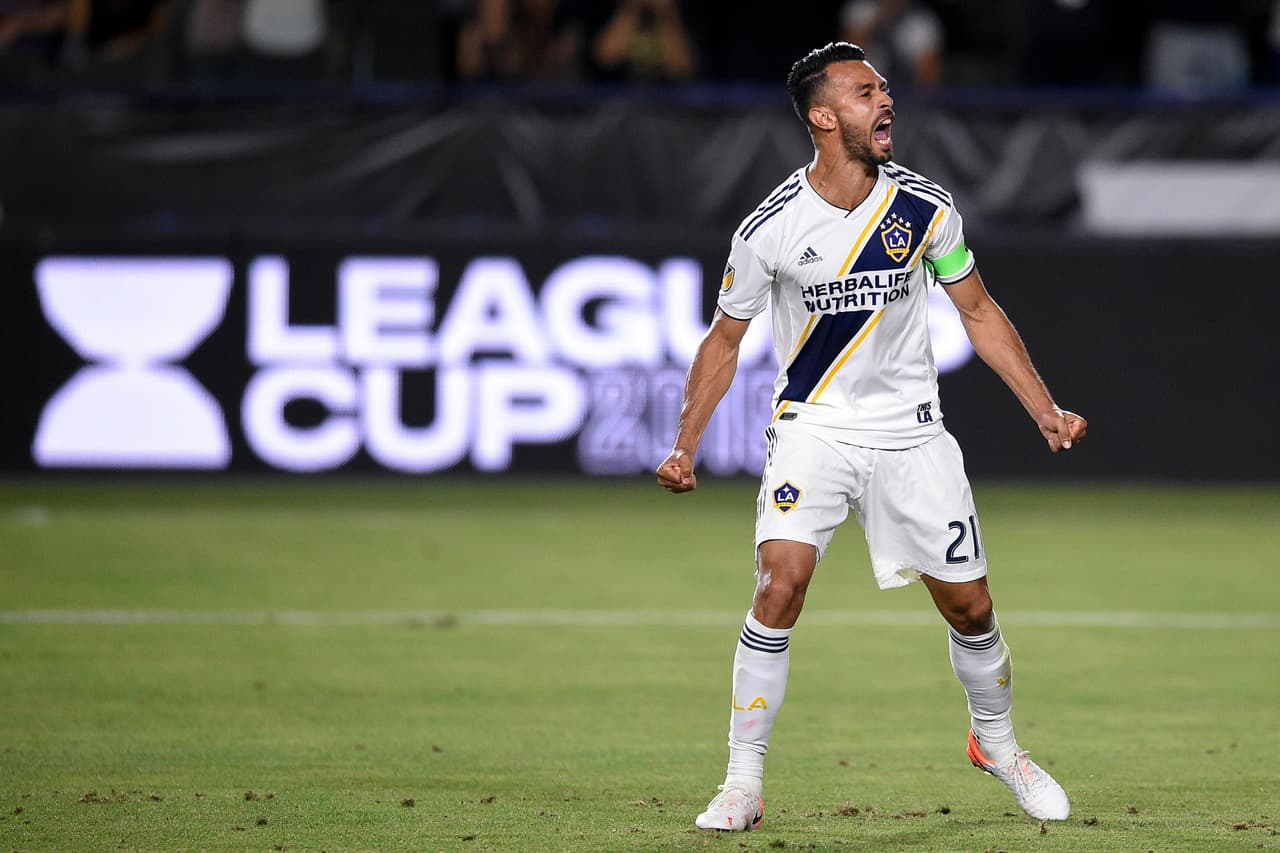 Jul 23, 2019; Los Angeles, CA, USA; LA Galaxy defender Giancarlo Gonzalez (21) celebrates after making the game-winning penalty kick against Club Tijuana at Dignity Health Sports Park. Mandatory Credit: Kelvin Kuo-USA TODAY Sports