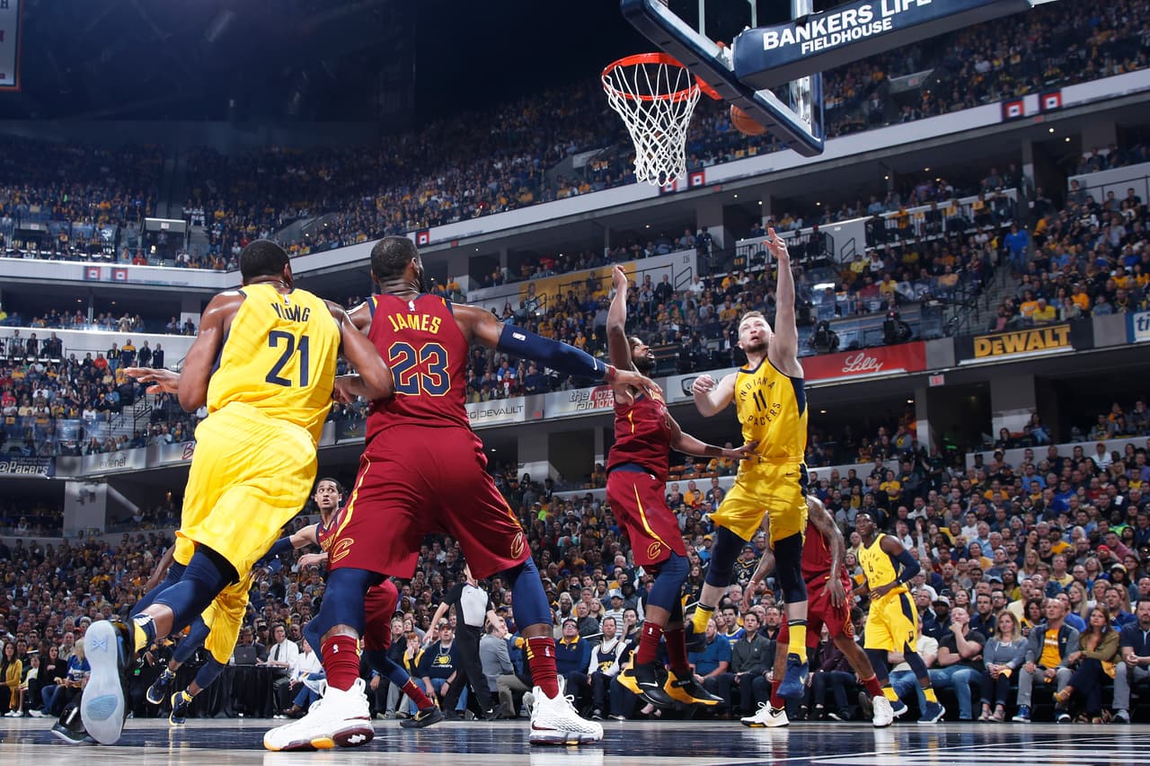 INDIANAPOLIS, IN - APRIL 22: Domantas Sabonis #11 of the Indiana Pacers goes to the basket against Tristan Thompson #13 of the Cleveland Cavaliers in the first half of game four of the NBA Playoffs at Bankers Life Fieldhouse on April 22, 2018 in Indianapolis, Indiana. NOTE TO USER: User expressly acknowledges and agrees that, by downloading and or using the photograph, User is consenting to the terms and conditions of the Getty Images License Agreement. (Photo by Joe Robbins/Getty Images)