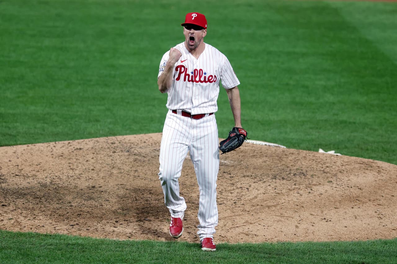 PHILADELPHIA, PENNSYLVANIA - NOVEMBER 01: Andrew Bellatti #64 of the Philadelphia Phillies reacts after defeating the Houston Astros 7-0 in Game Three of the 2022 World Series at Citizens Bank Park on November 01, 2022 in Philadelphia, Pennsylvania. (Photo by Al Bello/Getty Images)