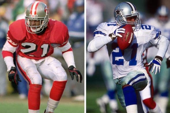 #3 Deion Sanders (1994, San Francisco 49ers; 1995, Dallas Cowboys): Estuvo en dos superpotencias de la NFC en la década de los 90’s y que consiguieron en Trofeo Lombardi. Después de ser el Defensivo del Año y ganar el Super Bowl XXIX con los 49ers en 1994, los Cowboys se ganaron la lotería con Sanders en 1995. Jugó un papel importante en el equipo ganando el Super Bowl XXX, incluyendo una recepción de a 47 yardas que llevó al equipo a lograr la primera anotación en la victoria sonbre los Pittsburgh Steelers.