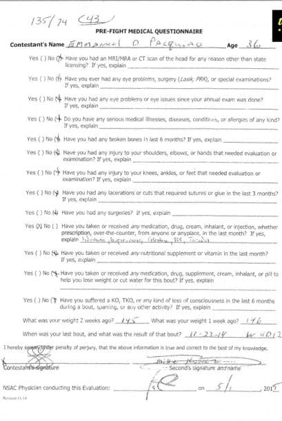 Forma médica de Manny Pacquiao (Foto: Twitter true.ink)