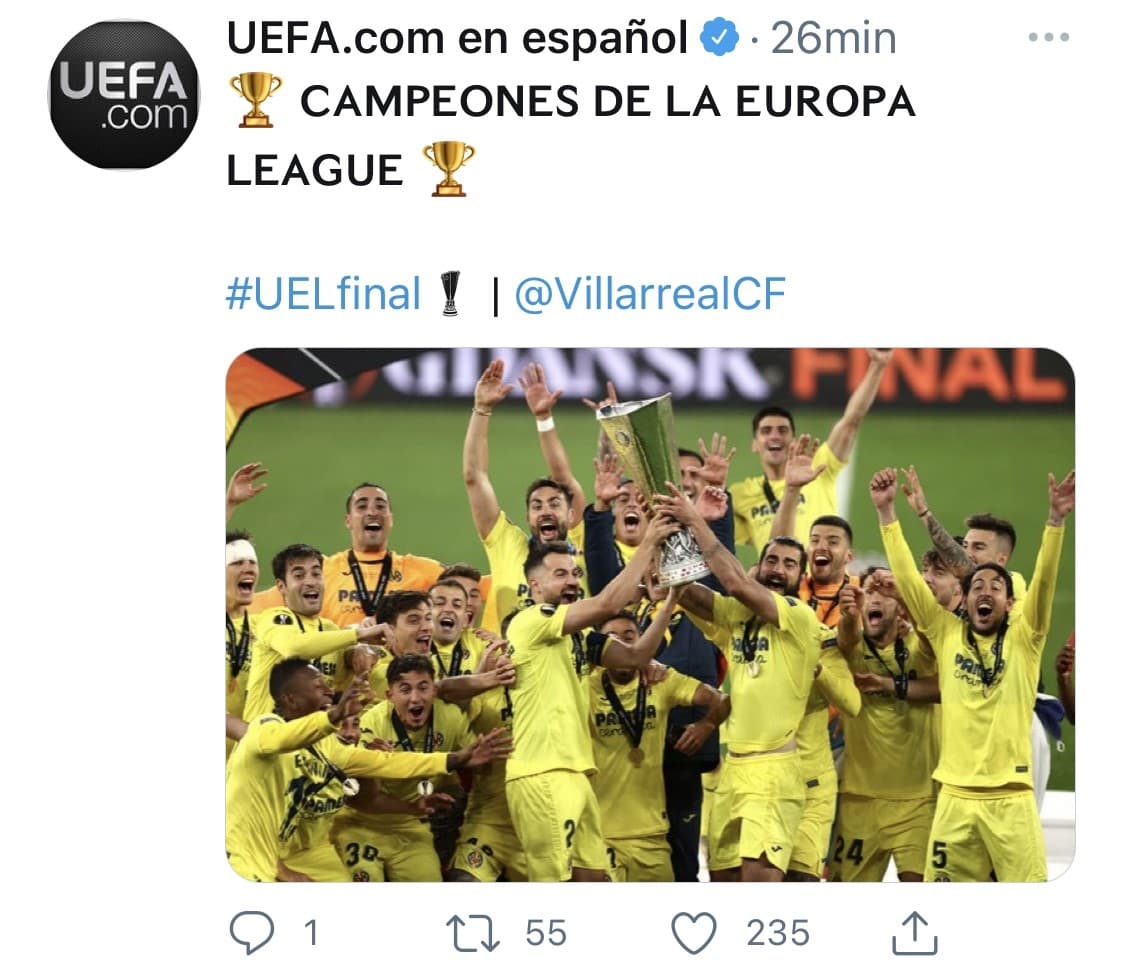 El mundo reacciona para felicitar al Villarreal luego de haber conseguido el primer titulo de Europa League de su historia.