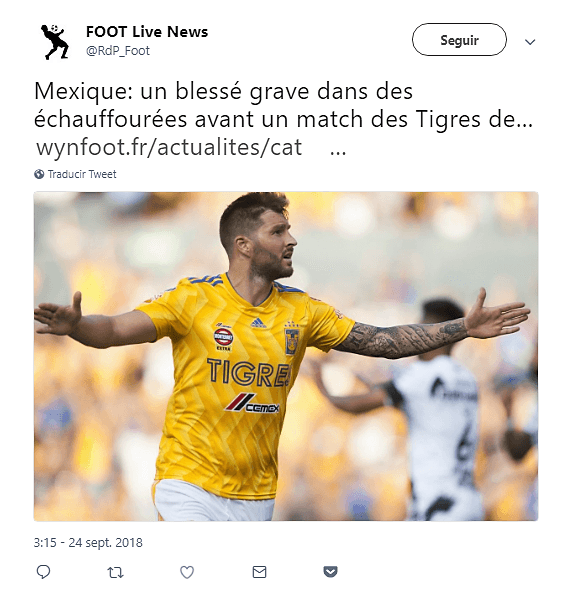 <i>Foot Live News</i> medio digital de Francia alude a su hilo conductor con México, el atacante de los Tigres Andre-Pierre Gignac al tiempo de informar lo acontecido previo al partido.