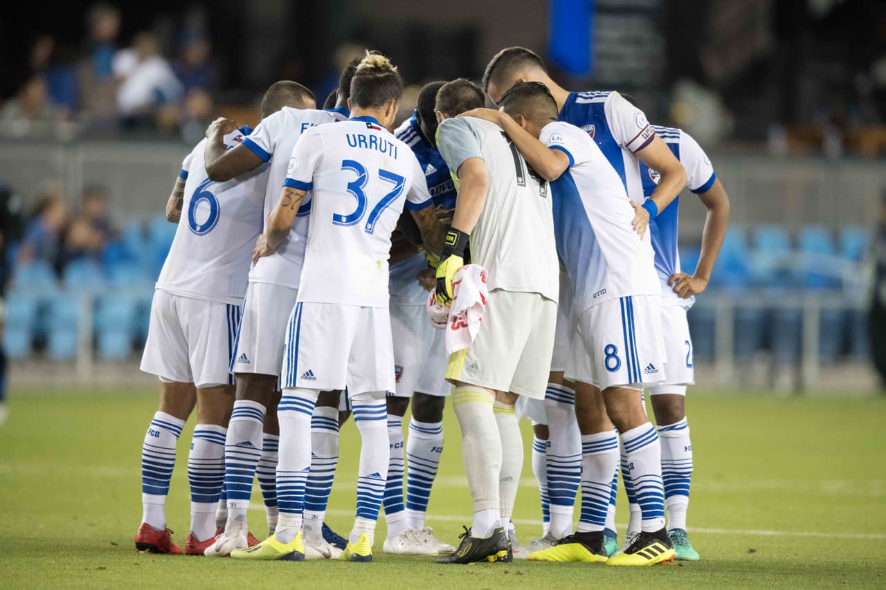 August 29, 2018; San Jose, CA, USA; FC Dallas players huddle during the second half against the San Jose Earthquakes at Avaya Stadium. San Jose defeated FC Dallas 4-3. Mandatory Credit: Kyle Terada-USA TODAY Sports