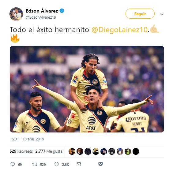 Su compañero en el último torneo del América, Edson Álvarez, no desaprovechó la oportunidad de felicitar y desear éxito a su amigo.