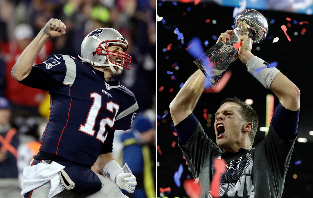 FILE - At left, in a Jan. 22, 2017, file photo, New England Patriots quarterback Tom Brady reacts after throwing a touchdown pass to Julian Edelman during the second half of the AFC championship NFL football game against the Pittsburgh Steelers, in Foxborough, Mass. At right, in a Feb. 5, 2017, file photo, New England Patriots' Tom Brady hoists the Vince Lombardi Trophy after the NFL Super Bowl 51 football game against the Atlanta Falcons, in Houston. Winning a fifth NFL championship ring and a fourth Super Bowl MVP at the age of 39, the New England Patriots quarterback has shown no signs of aging even as he gets older. He’ll turn 40 on Aug. 3, and fans usually celebrate by singing “Happy Birthday” to him during training camp. (AP Photo/File)