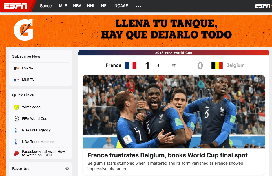 El portal ESPN.com intitula su front page: "Francia frustra a Bélgica y reserva un boleto para la Final de la Copa del Mundo".