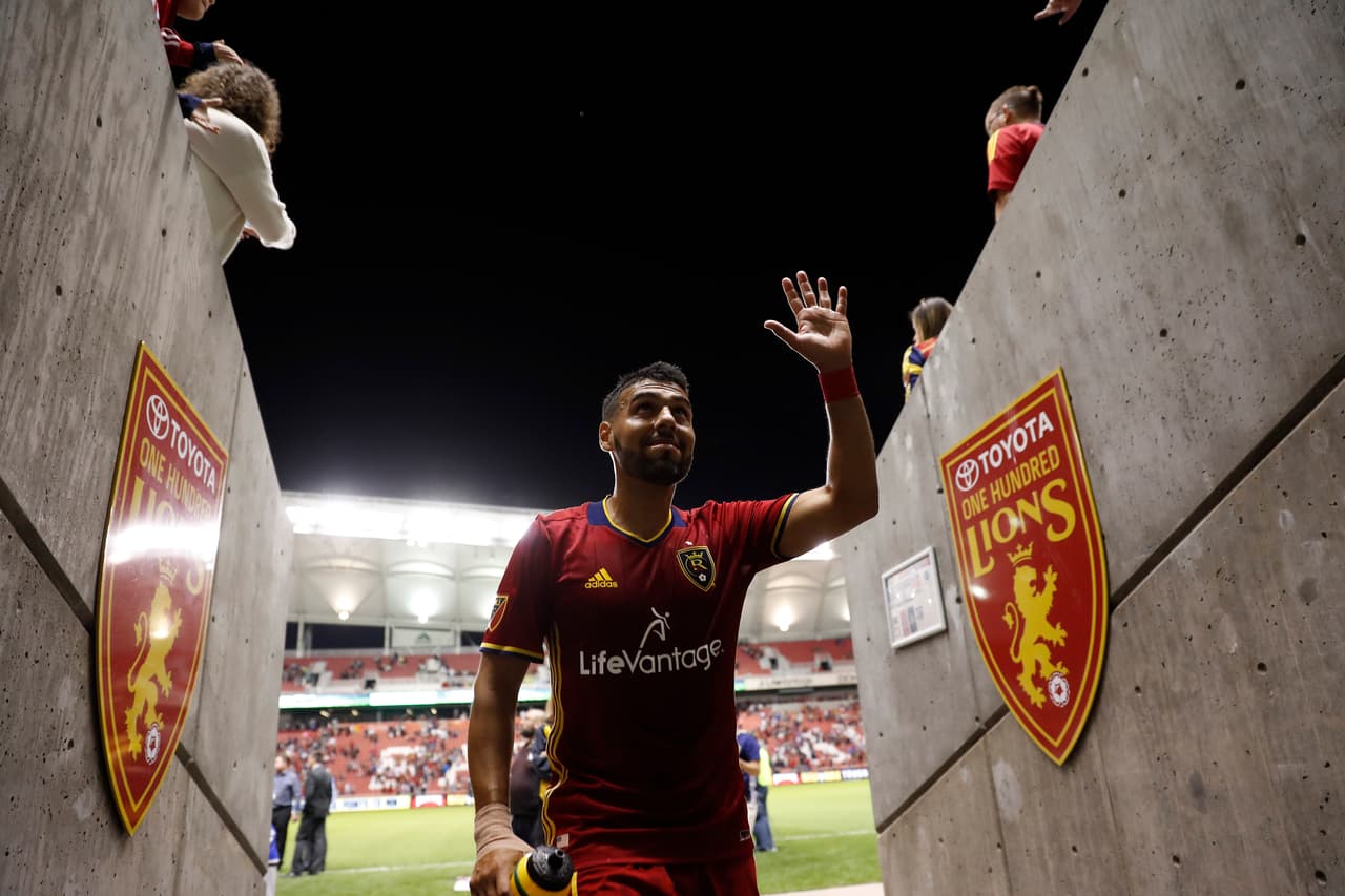 Sep 7, 2016; Sandy, UT, USA; Real Salt Lake midfielder Javier Morales (11) waves to fans after their 3-3 tie against the Los Angeles Galaxy at Rio Tinto Stadium. Mandatory Credit: Jeff Swinger-USA TODAY Sports
