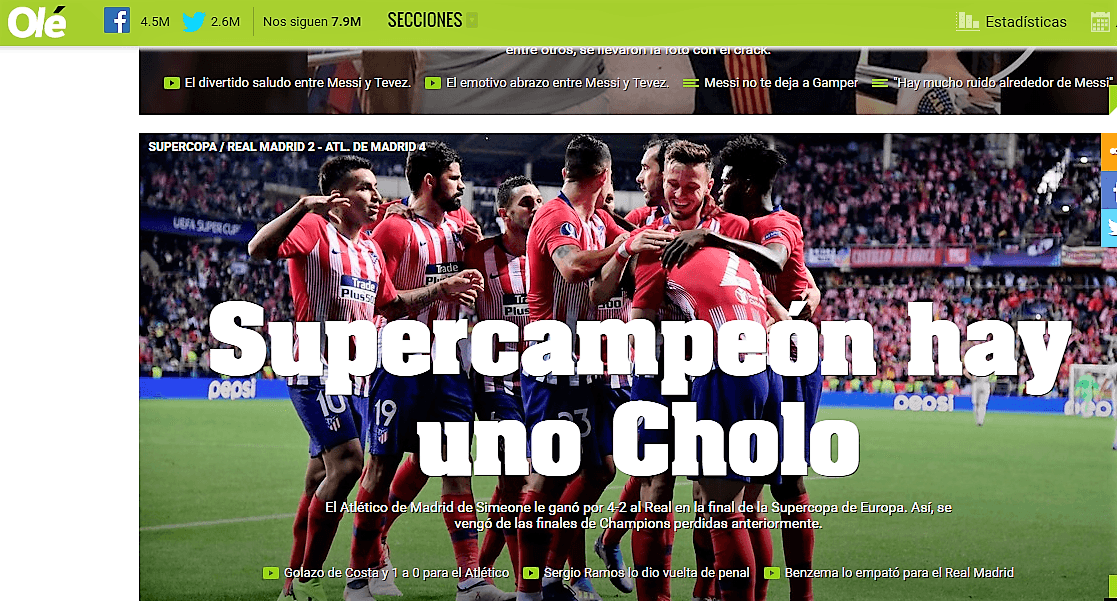 Jugando con el humor, el diario deportivo argentino 
<i>Olé</i> elogiando a su paisano Diego Simeone por la victoria de sus dirigidos.