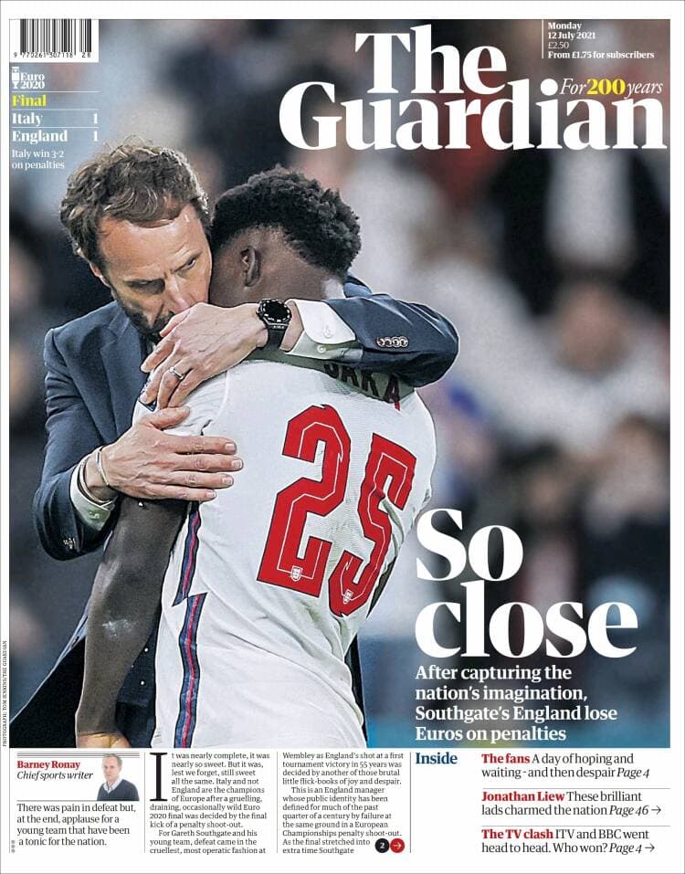 La prensa italiana celebra el campeonato en todos sus ejemplares, dedicándoles la portada a la 'Scuadra Azzurra', mientras que la prensa británica muestra, en la mayoría de sus periódicos muestra al entrenador Gareth Southgate abrazando a Bukayo Saka tras fallar el último penal que le dio la victoria a Italia.