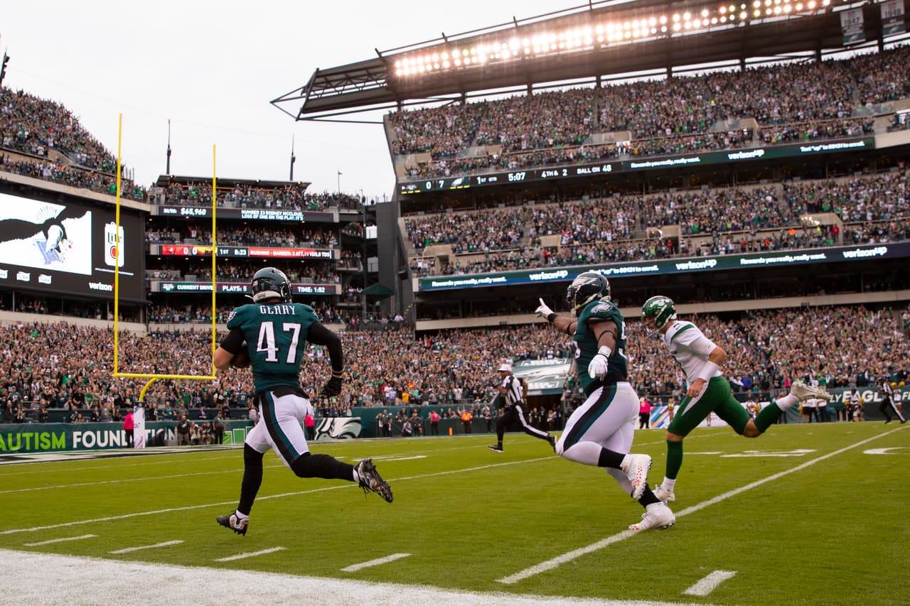 New York Jets 
<b>6-31</b> Philadelphia Eagles. Nate Gerry intercepta un pase y hace un regreso tremendo para lograr el touchdown.
