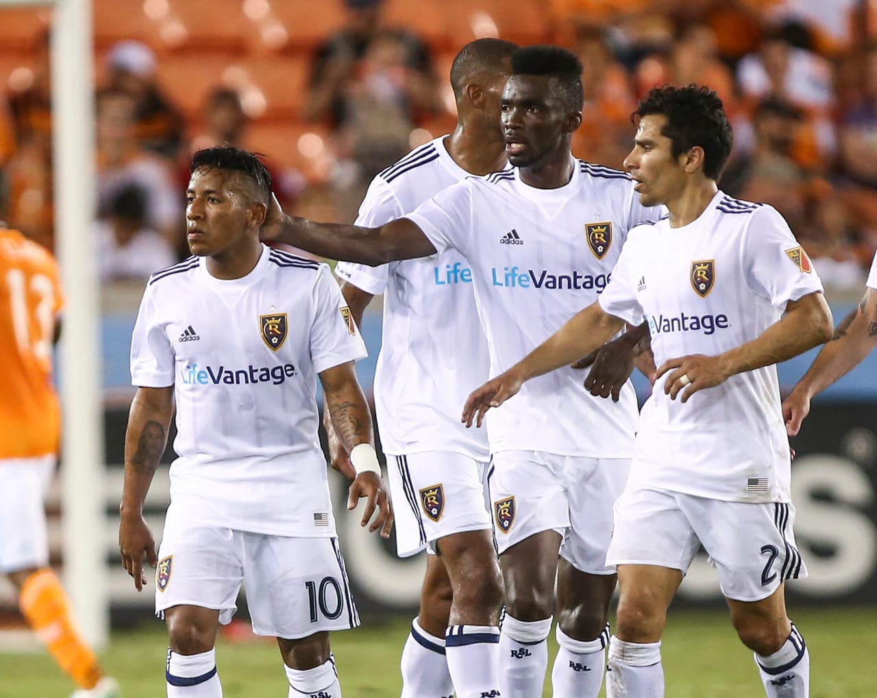 May 31, 2017; Houston, TX, USA; Real Salt Lake forward Joao Plata (10) is congratulated by teammates after scoring a goal during the second half against the Houston Dynamo at BBVA Compass Stadium. Mandatory Credit: Troy Taormina-USA TODAY Sports