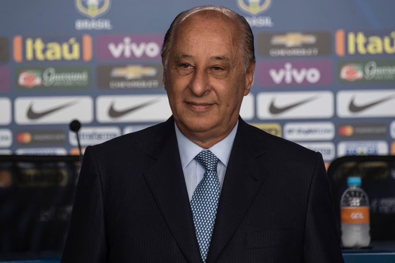 The president of the Brazilian Football Confederation (CBF) Marco Polo Del Nero is seen before the announcement of the list of players for the upcoming qualifiers for the Russia World Cup 2018 against Uruguay and Paraguay, in Sao Paulo, Brazil on March 3, 2017. / AFP PHOTO / NELSON ALMEIDA (Photo credit should read NELSON ALMEIDA/AFP/Getty Images)