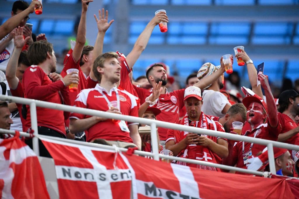 Denmark fans cheer before the Russia 2018 World Cup round of 16 football match between Croatia and Denmark at the Nizhny Novgorod Stadium in Nizhny Novgorod on July 1, 2018. (Photo by Alexander NEMENOV / AFP) / RESTRICTED TO EDITORIAL USE - NO MOBILE PUSH ALERTS/DOWNLOADS (Photo credit should read ALEXANDER NEMENOV/AFP/Getty Images)